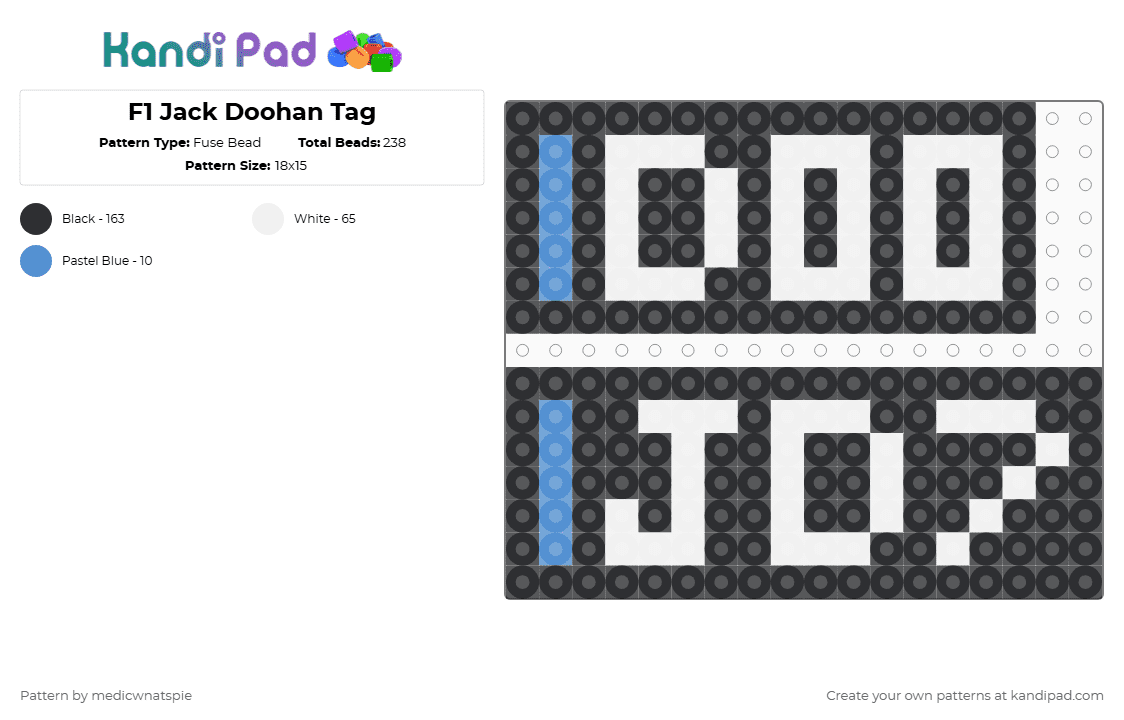 F1 Jack Doohan Tag: 2025 - Fuse Bead Pattern by medicwnatspie on Kandi Pad - black,white,f1,racing,jack doohan,jd7