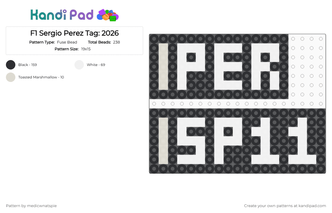 F1 Sergio Perez Tag: 2026 - Fuse Bead Pattern by medicwnatspie on Kandi Pad - black, f1, racing, sergio perez, sp11, white