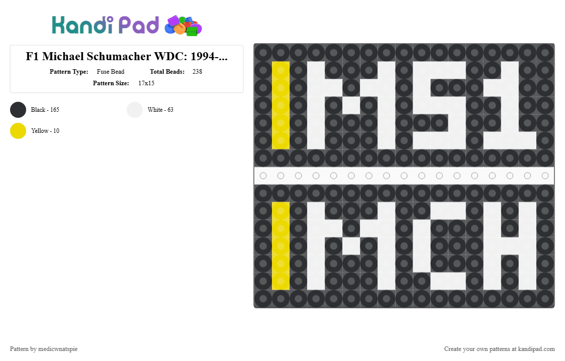 F1 Michael Schumacher WDC: 1994-1995 - Fuse Bead Pattern by medicwnatspie on Kandi Pad - benetton, black, f1, michael schumacher, ms1, racing, white