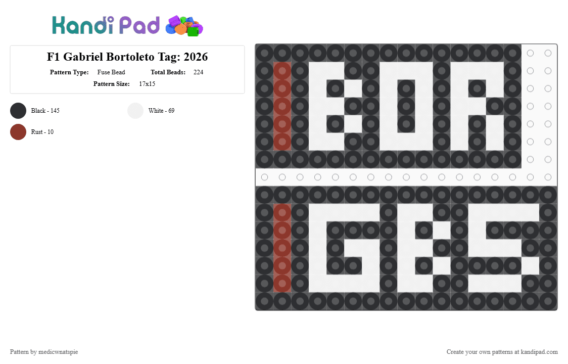F1 Gabriel Bortoleto Tag: 2026 - Fuse Bead Pattern by medicwnatspie on Kandi Pad - black, f1, gabriel bortoleto, gb5, racing, white