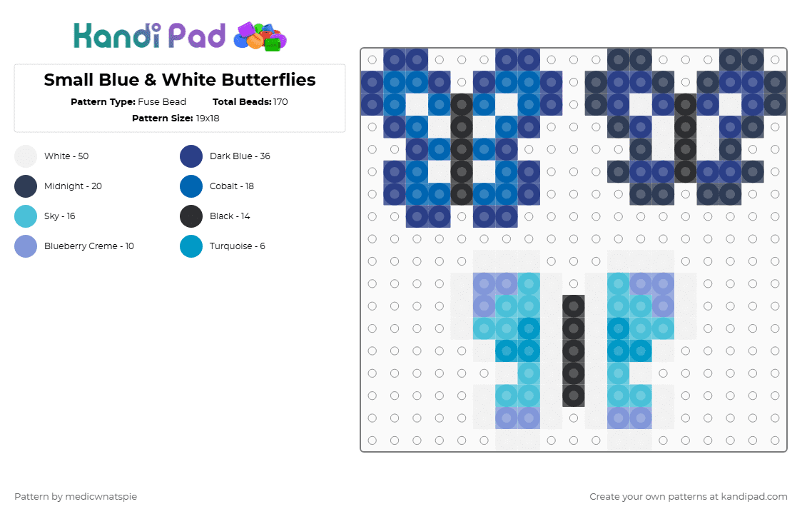 Small Blue & White Butterflies - Fuse Bead Pattern by medicwnatspie on Kandi Pad - blue,butterfly,bug,insect