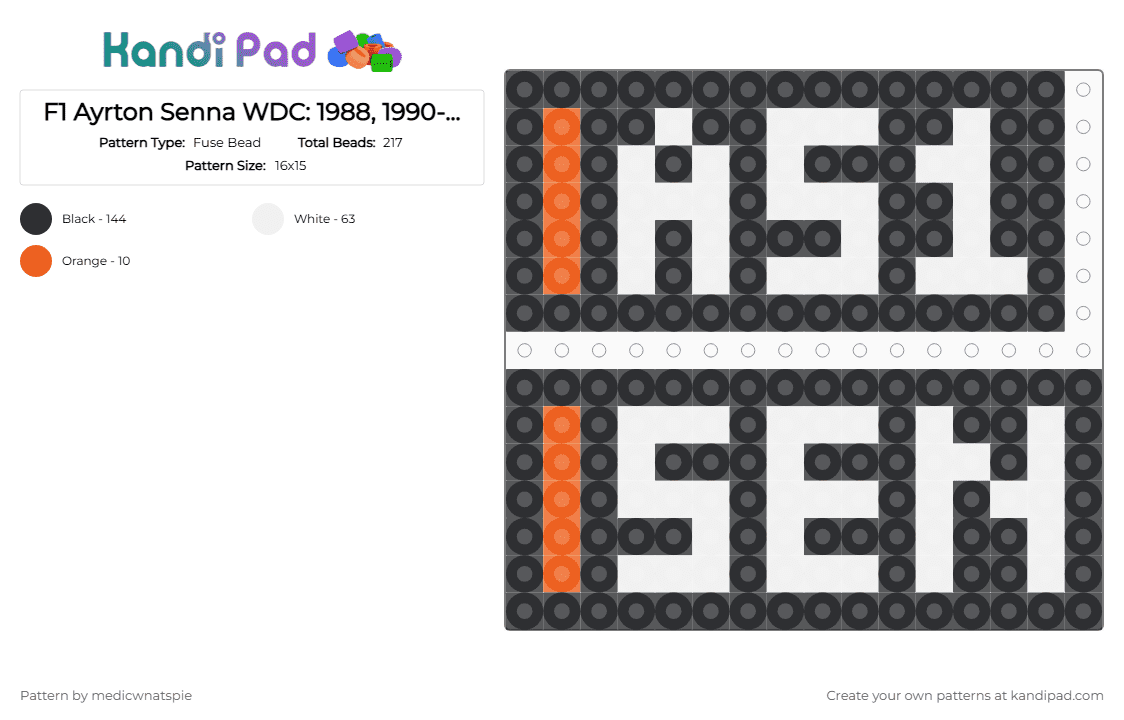 F1 Ayrton Senna WDC: 1988, 1990-1991 - Fuse Bead Pattern by medicwnatspie on Kandi Pad - as1, ayrton senna, black, f1, mclaren, racing, white