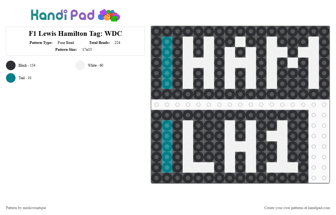 F1 Lewis Hamilton Tag: WDC 2020 - Fuse Bead Pattern by medicwnatspie on Kandi Pad - black, f1, lewis hamilton, lh1, lh44, racing, white