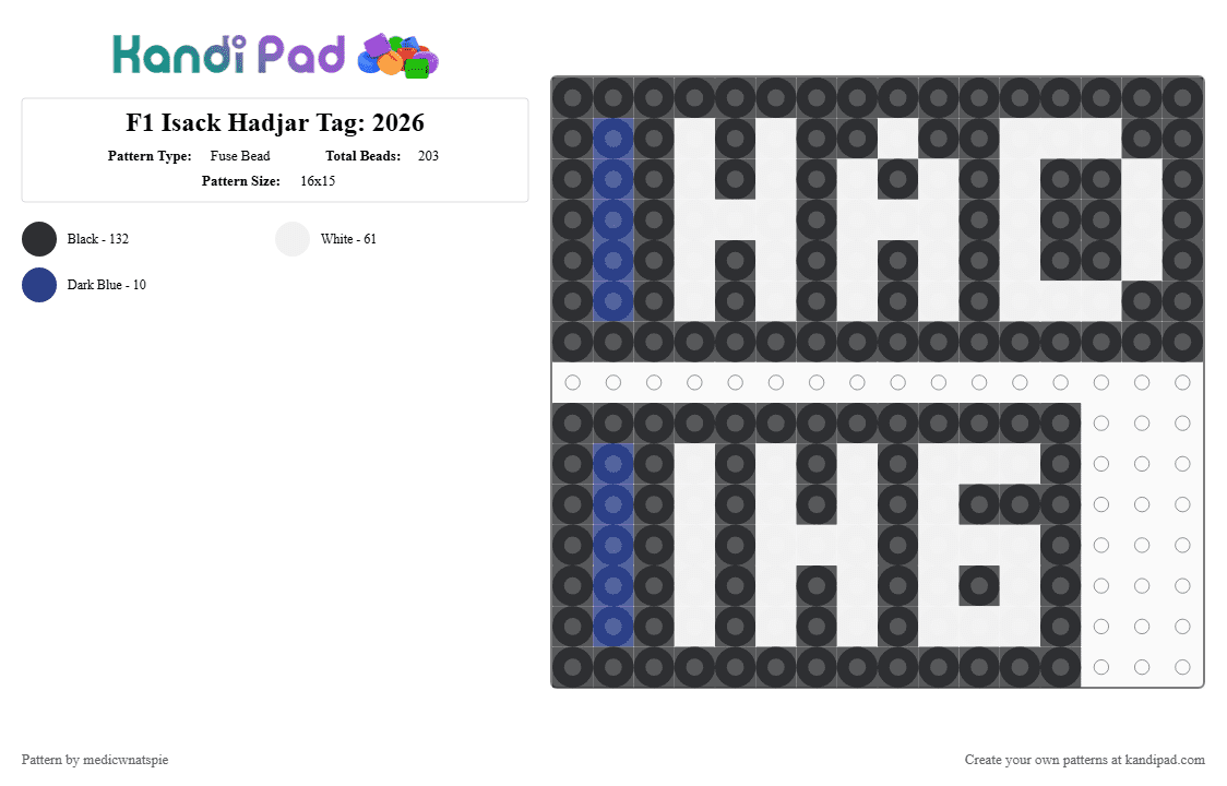 F1 Isack Hadjar Tag: 2026 - Fuse Bead Pattern by medicwnatspie on Kandi Pad - black, f1, ih6, isack hadjar, racing, white