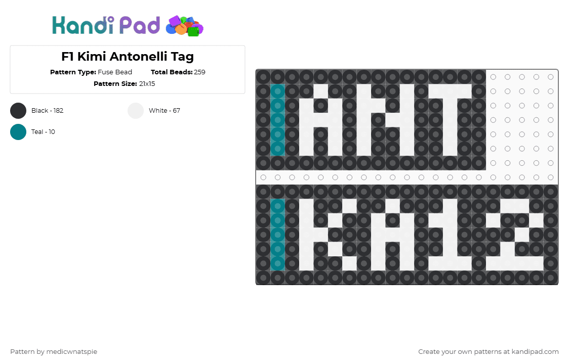 F1 Kimi Antonelli Tag: 2025 - Fuse Bead Pattern by medicwnatspie on Kandi Pad - black,white,f1,racing,ka12,kimi antonelli