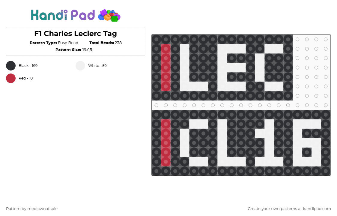 F1 Charles Leclerc Tag: 2025 - Fuse Bead Pattern by medicwnatspie on Kandi Pad - black,white,f1,cl16,charles leclerc,racing