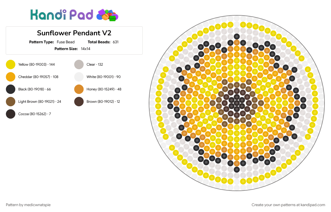 Sunflower Pendant V2 - Fuse Bead Pattern by medicwnatspie on Kandi Pad - beige, orange, sunflower, yellow