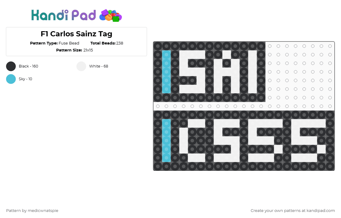 F1 Carlos Sainz Tag: 2025 - Fuse Bead Pattern by medicwnatspie on Kandi Pad - black,white,f1,racing,carlos sainz,cs55