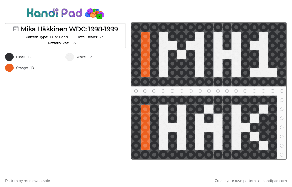 F1 Mika Häkkinen WDC: 1998-1999 - Fuse Bead Pattern by medicwnatspie on Kandi Pad - black, f1, mclaren, mh1, mika hakkinen, racing, white