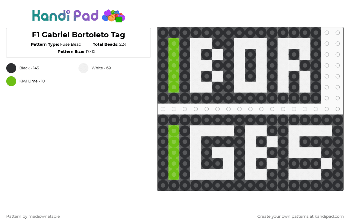 F1 Gabriel Bortoleto Tag: 2025 - Fuse Bead Pattern by medicwnatspie on Kandi Pad - black,white,f1,racing,gb5,gabriel bortoleto