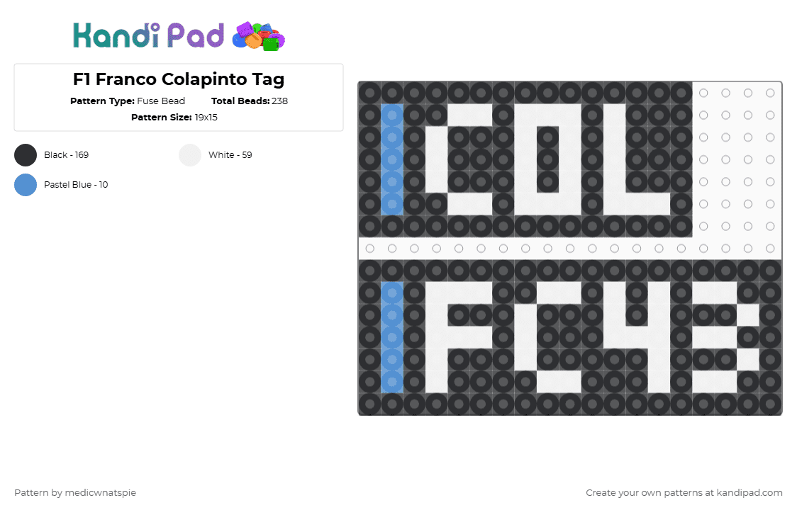 F1 Franco Colapinto Tag: 2025 - Fuse Bead Pattern by medicwnatspie on Kandi Pad - black,white,f1,racing,franco colapinto,fc43