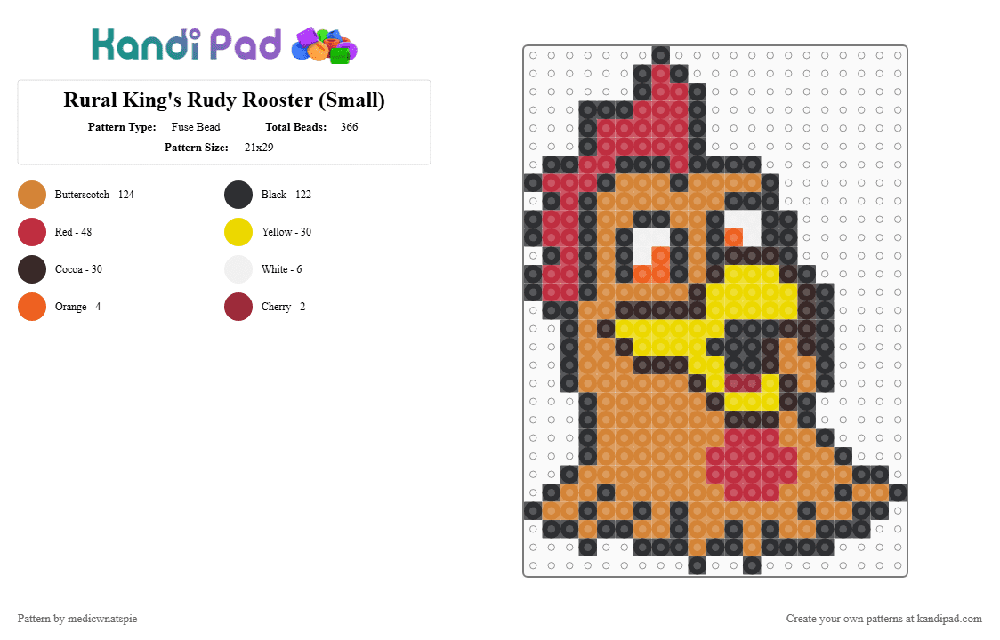 Rural King\'s Rudy Rooster (Small) - Fuse Bead Pattern by medicwnatspie on Kandi Pad - orange,rural king,rudy,rudy rooster,mascot,rooster,chicken