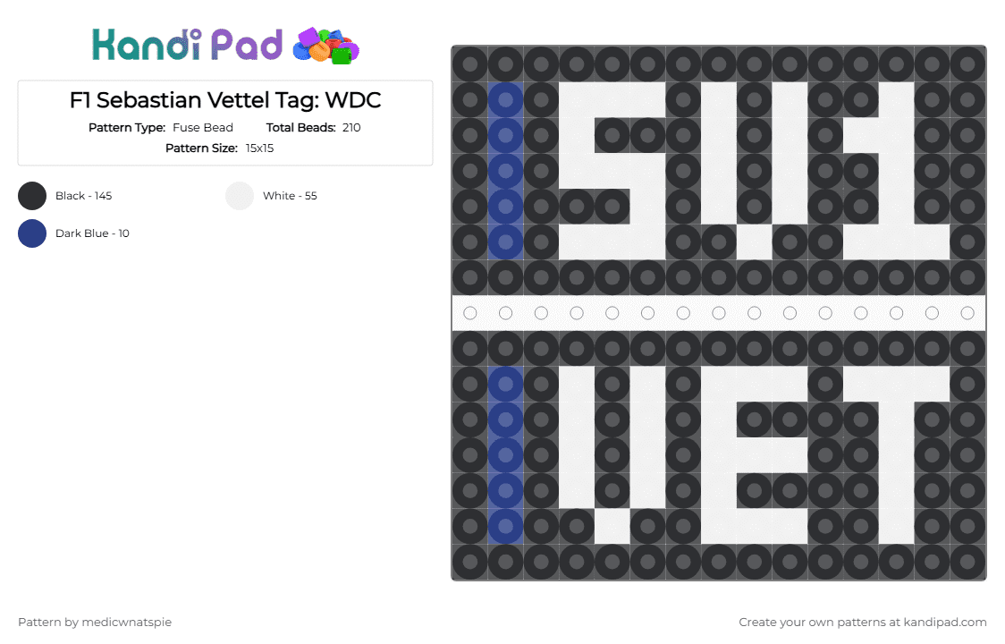 F1 Sebastian Vettel Tag: WDC 2010-2014 - Fuse Bead Pattern by medicwnatspie on Kandi Pad - black, f1, racing, rbr, redbull, sebastian vettel, sv1, white
