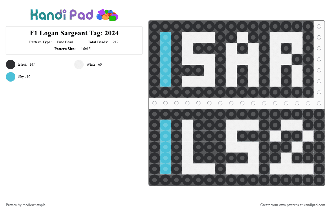 F1 Logan Sargeant Tag: 2023-2024 - Fuse Bead Pattern by medicwnatspie on Kandi Pad - black, f1, logan sargeant, ls2, racing, white