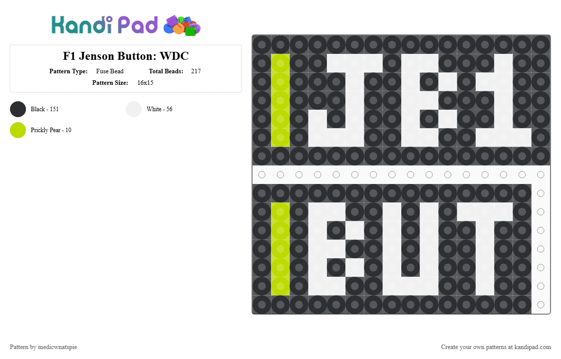 F1 Jenson Button: WDC 2009 - Fuse Bead Pattern by medicwnatspie on Kandi Pad - black, brawn gp, f1, jb1, jenson button, racing, white