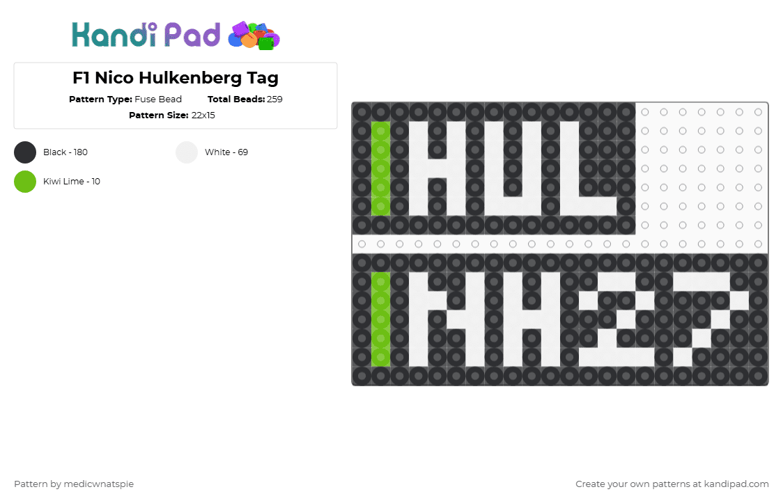 F1 Nico Hulkenberg Tag: 2025 - Fuse Bead Pattern by medicwnatspie on Kandi Pad - black,white,f1,racing,nh27,nico hulkenberg
