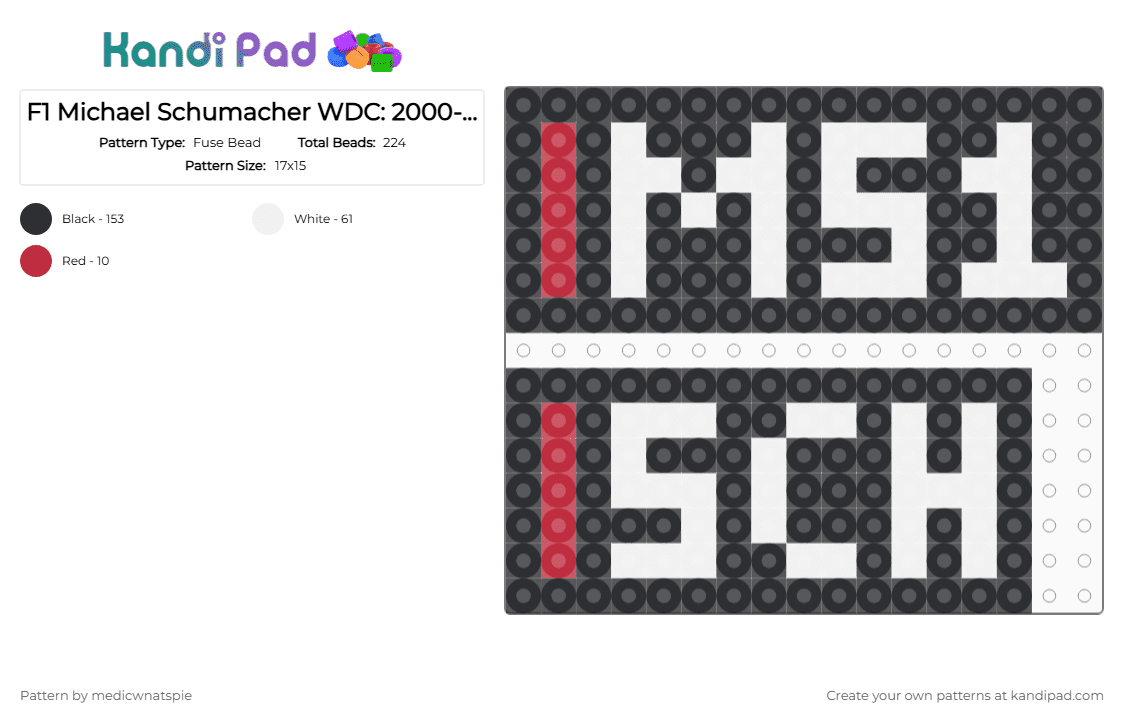 F1 Michael Schumacher WDC: 2000-2004 - Fuse Bead Pattern by medicwnatspie on Kandi Pad - black, f1, ferrari, michael schumacher, ms1, racing, white