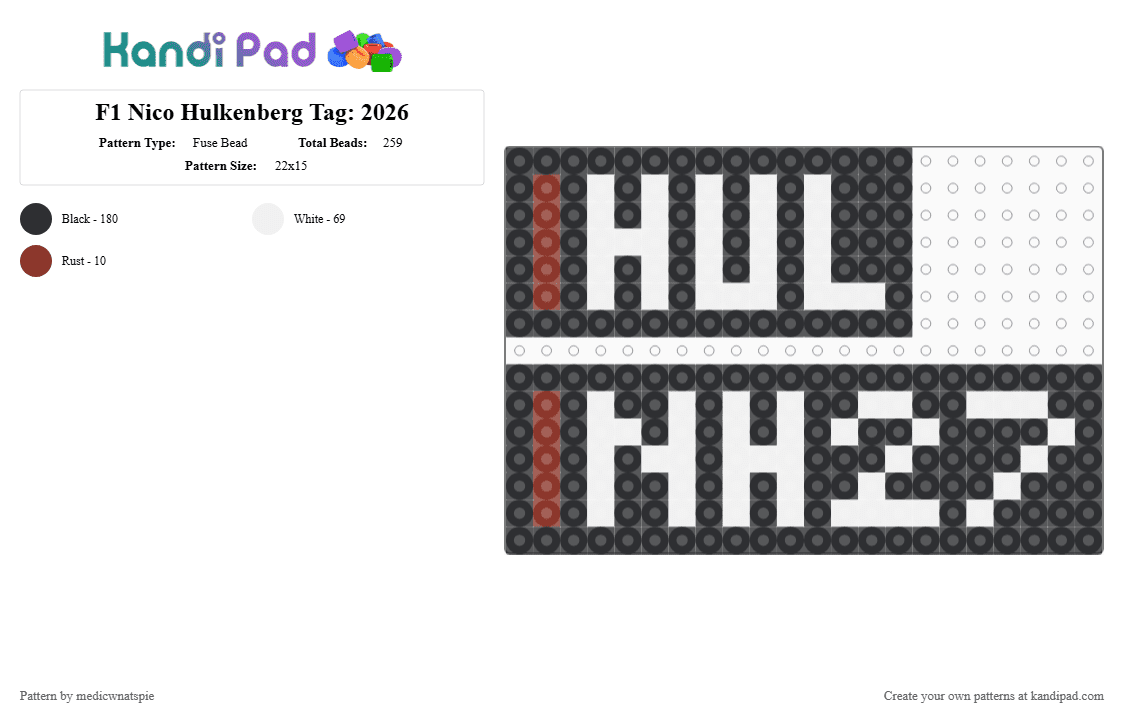 F1 Nico Hulkenberg Tag: 2026 - Fuse Bead Pattern by medicwnatspie on Kandi Pad - black, f1, nh27, nico hulkenberg, racing, white