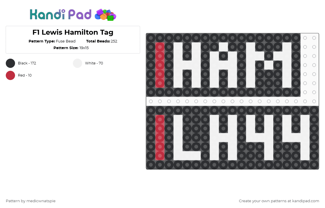 F1 Lewis Hamilton Tag: 2025 - Fuse Bead Pattern by medicwnatspie on Kandi Pad - black,white,f1,lh44,lewis hamilton,racing
