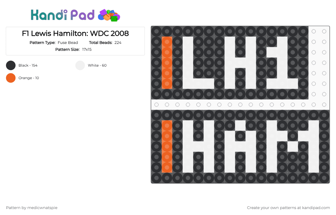F1 Lewis Hamilton: WDC 2008 - Fuse Bead Pattern by medicwnatspie on Kandi Pad - black, f1, lewis hamilton, lh23, mclaren, racing, white