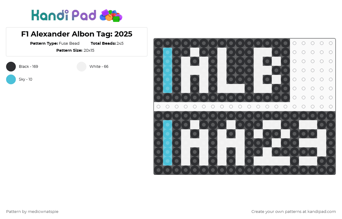 F1 Alexander Albon Tag: 2025 - Fuse Bead Pattern by medicwnatspie on Kandi Pad - black,white,f1,racing,aa23,alexander albon
