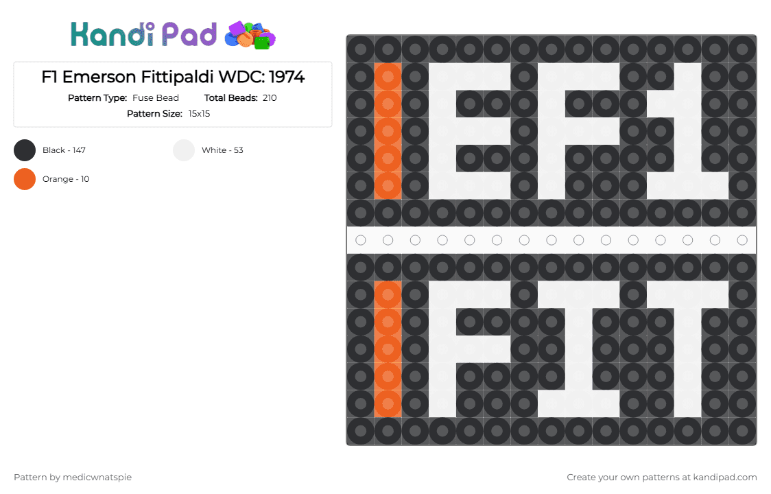 F1 Emerson Fittipaldi WDC: 1974 - Fuse Bead Pattern by medicwnatspie on Kandi Pad - black, emerson fittipaldi, f1, mclaren, racing, white