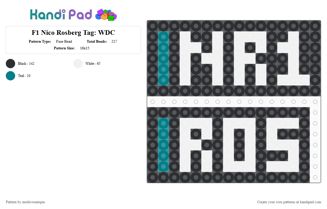 F1 Nico Rosberg Tag: WDC 2015 - Fuse Bead Pattern by medicwnatspie on Kandi Pad - black, f1, nico rosberg, nr1, nr6, racing, white