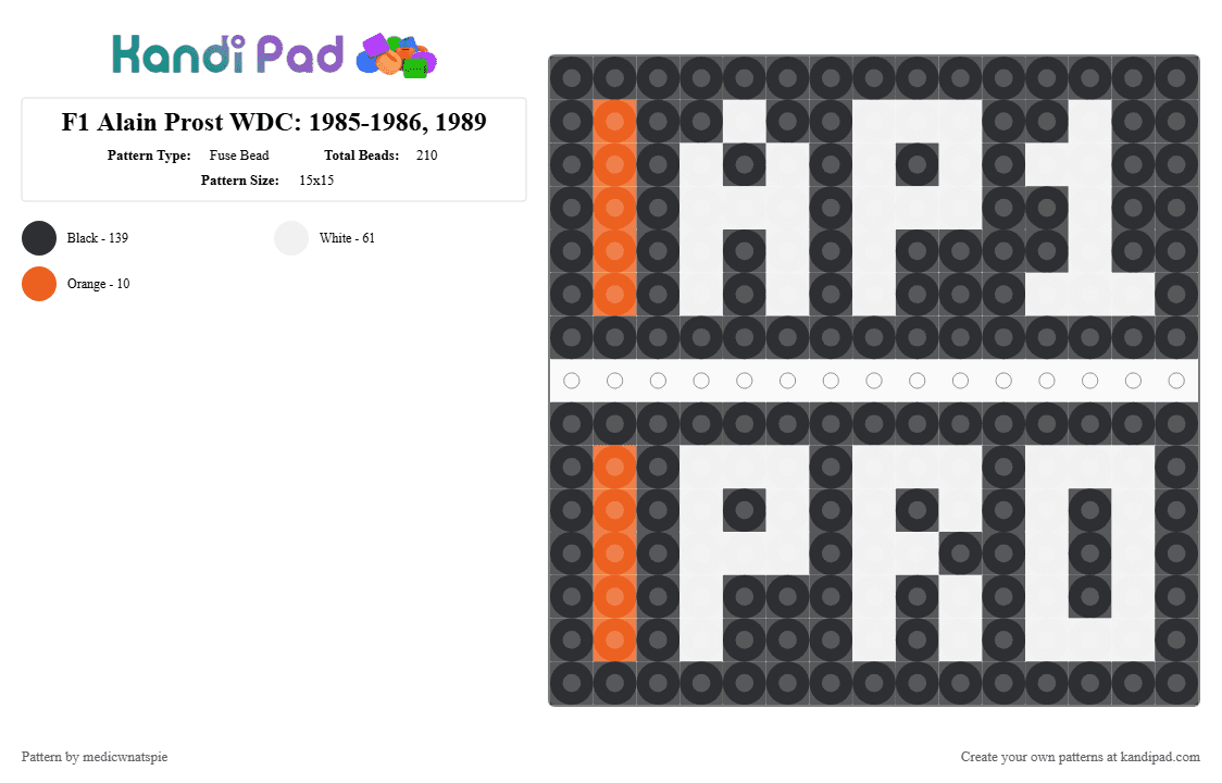 F1 Alain Prost WDC: 1985-1986, 1989 - Fuse Bead Pattern by medicwnatspie on Kandi Pad - alain prost, ap1, black, f1, mclaren, racing, white