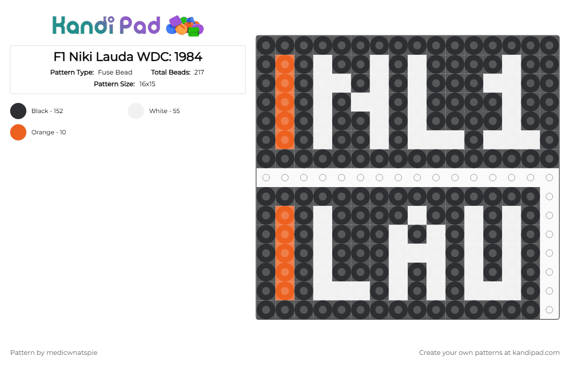 F1 Niki Lauda WDC: 1984 - Fuse Bead Pattern by medicwnatspie on Kandi Pad - black, f1, mclaren, niki lauda, nl1, racing, white