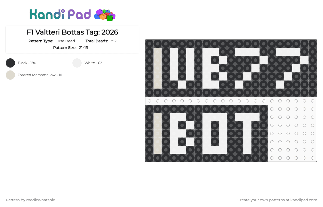 F1 Valtteri Bottas Tag: 2026 - Fuse Bead Pattern by medicwnatspie on Kandi Pad - black, f1, racing, valtteri bottas, vb77, white