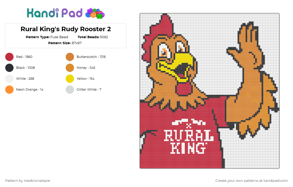 Rural King\'s Rudy Rooster (Huge) - Fuse Bead Pattern by medicwnatspie on Kandi Pad - rural king,rudy rooster,rooster,mascot,logo