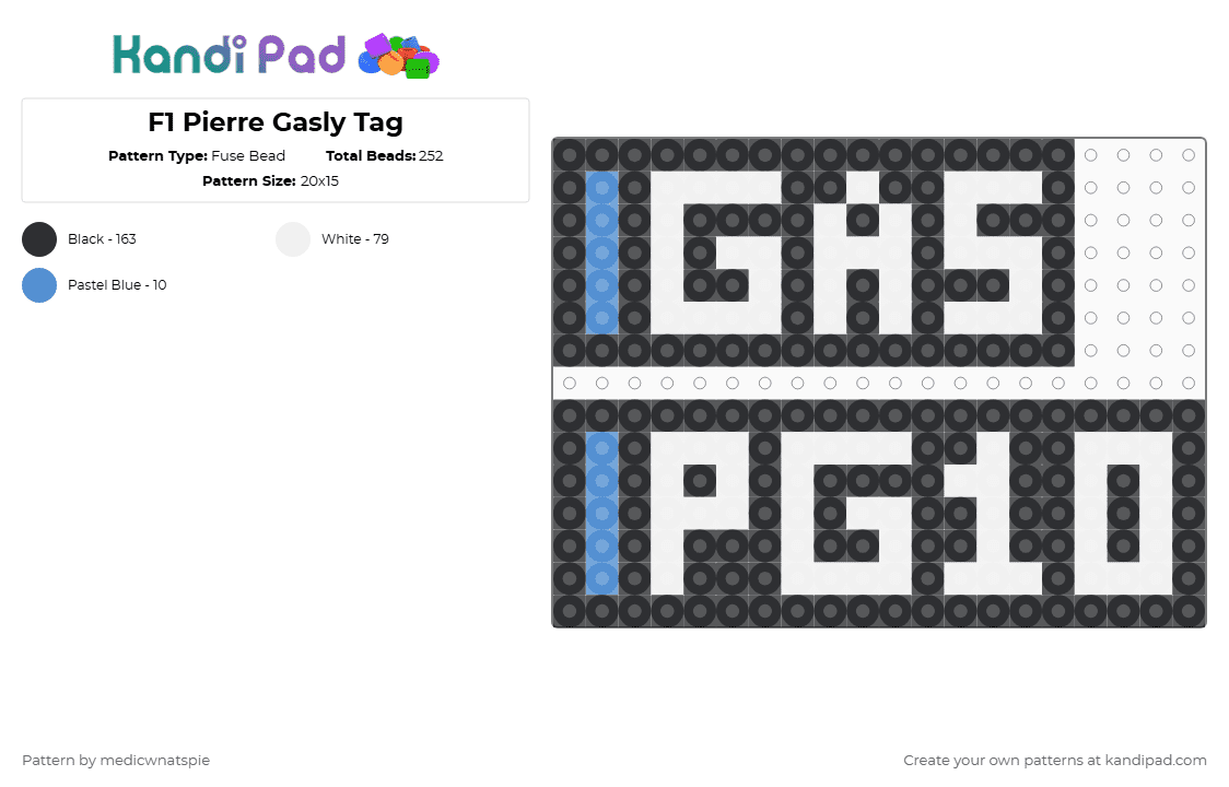 F1 Pierre Gasly Tag: 2025 - Fuse Bead Pattern by medicwnatspie on Kandi Pad - black,white,f1,racing,pierre gasly,pg10