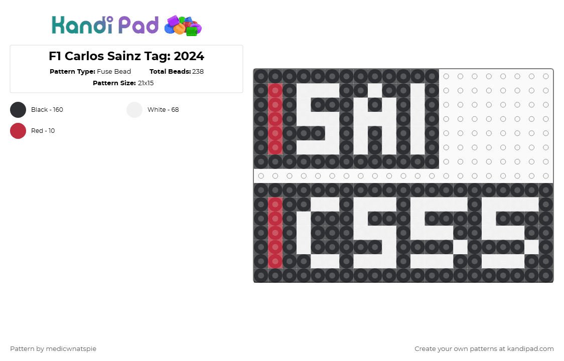 F1 Carlos Sainz Tag: 2024 - Fuse Bead Pattern by medicwnatspie on Kandi Pad - black,white,f1,racing,carlos sainz,cs55
