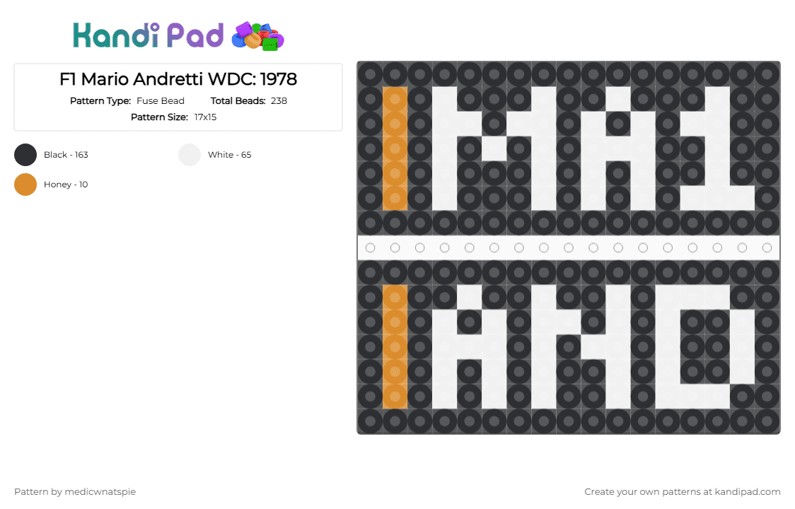 F1 Mario Andretti WDC: 1978 - Fuse Bead Pattern by medicwnatspie on Kandi Pad - black, f1, lotus, mario andretti, racing, white