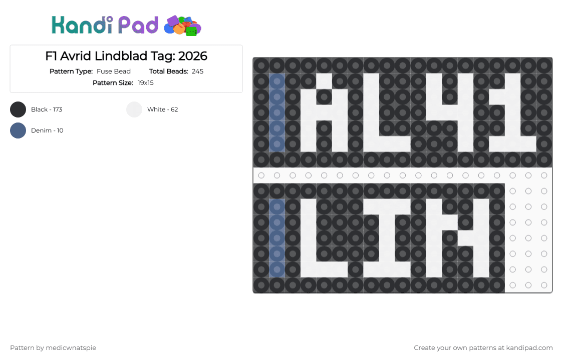 F1 Avrid Lindblad Tag: 2026 - Fuse Bead Pattern by medicwnatspie on Kandi Pad - al41, arvid lindblad, black, f1, racing, white