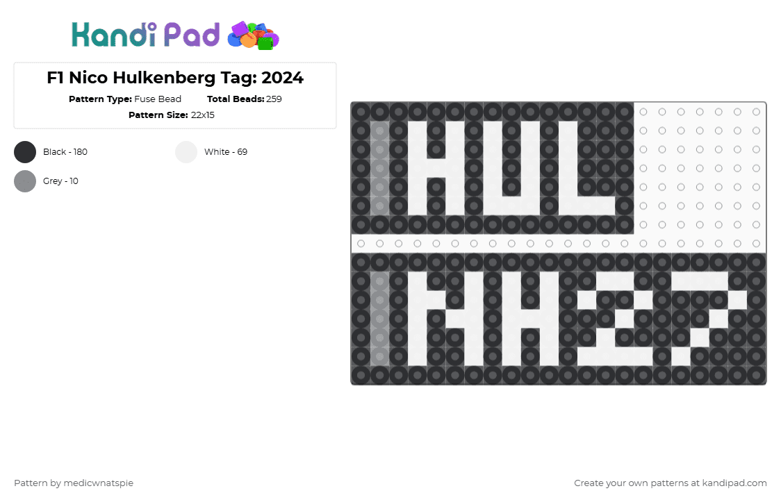 F1 Nico Hulkenberg Tag: 2024 - Fuse Bead Pattern by medicwnatspie on Kandi Pad - black,white,f1,racing,nico hulkenberg,nh27