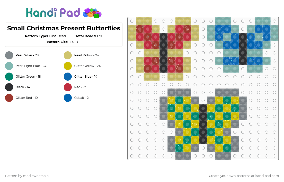 Small Christmas Present Butterflies - Fuse Bead Pattern by medicwnatspie on Kandi Pad - yellow,teal,christmas,christmas presents,butterfly,butterflies,insect,bug
