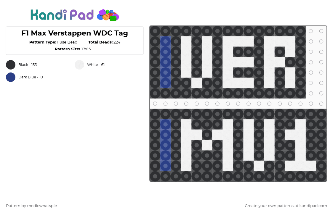 F1 Max Verstappen WDC Tag: 2021-24 - Fuse Bead Pattern by medicwnatspie on Kandi Pad - black,white,f1,racing,max verstappen,mv1