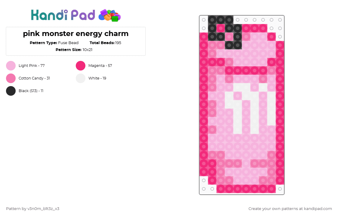 pink monster energy charm - Fuse Bead Pattern by v3n0m_b1t3z_x3 on Kandi Pad - monster energy,strawberry,beverage,food,monster,energy,drink,charm,keychain,pink