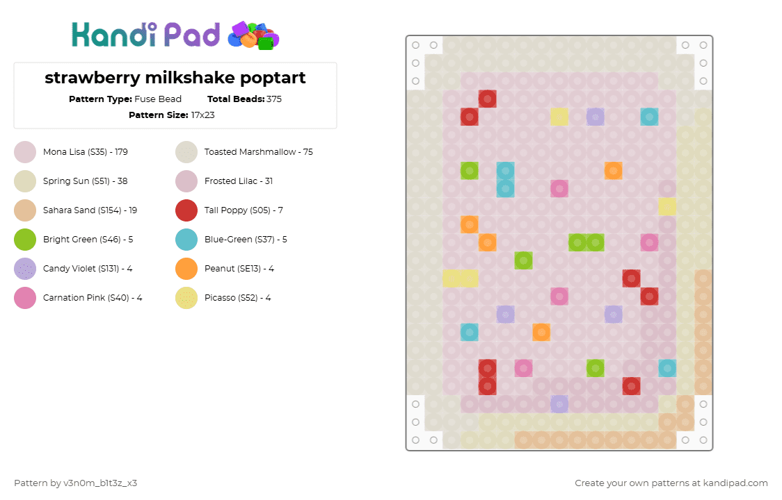 strawberry milkshake poptart - Fuse Bead Pattern by v3n0m_b1t3z_x3 on Kandi Pad - poptart,dessert,snack,food,white,beige,keychain,charm,trinket