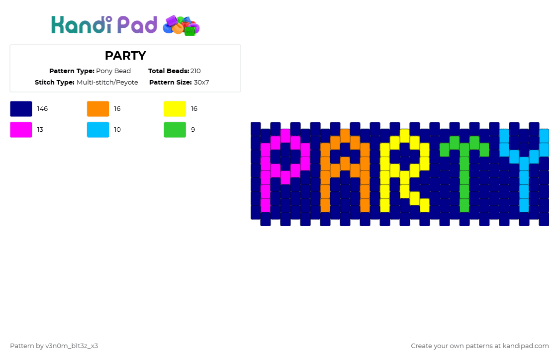 PARTY - Pony Bead Pattern by v3n0m_b1t3z_x3 on Kandi Pad - purple,cuff,party rock,party,neon,party rock anthem,sorry for party rocking