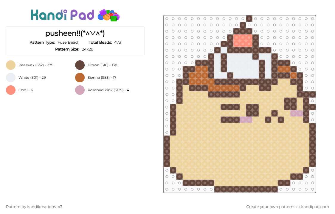 pusheen!!(*^▽^*) - Fuse Bead Pattern by kandikreations_x3 on Kandi Pad - brown,beige,pusheen,pudding,silly,cutecore