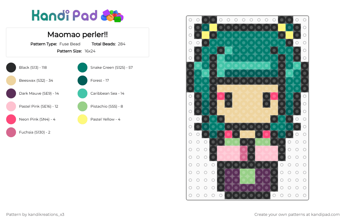 Maomao perler!! - Fuse Bead Pattern by kandikreations_x3 on Kandi Pad - beige,teal,pink
