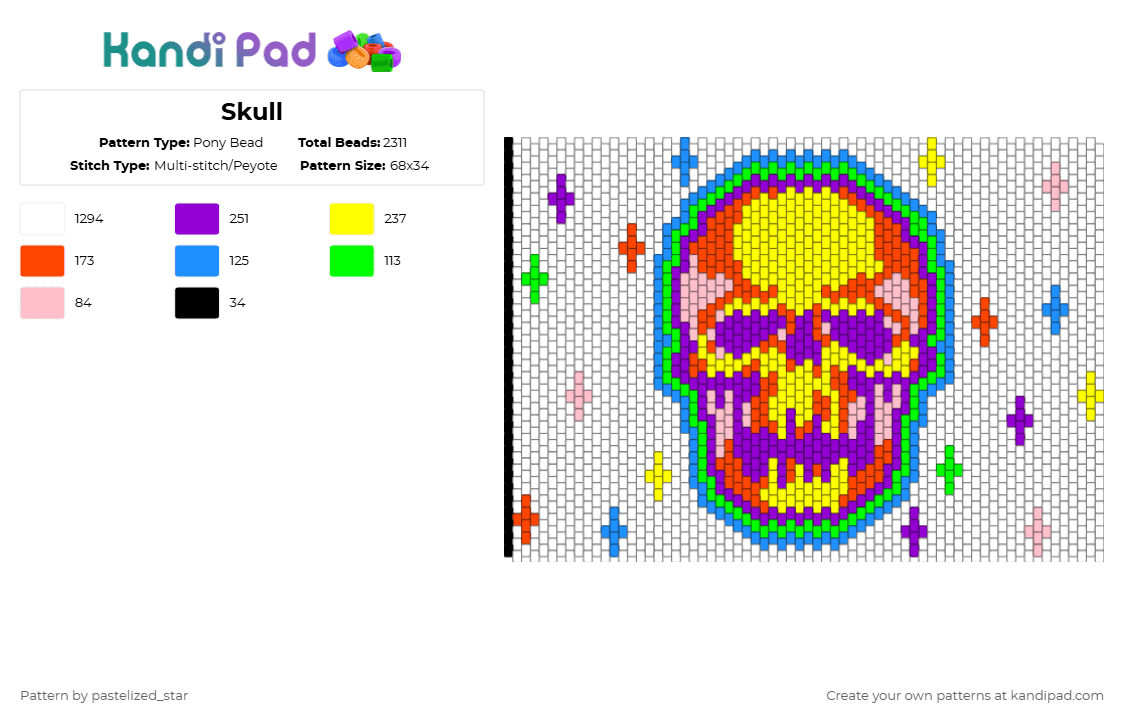Skull - Pony Bead Pattern by pastelized_star on Kandi Pad - white,yellow,purple,red
