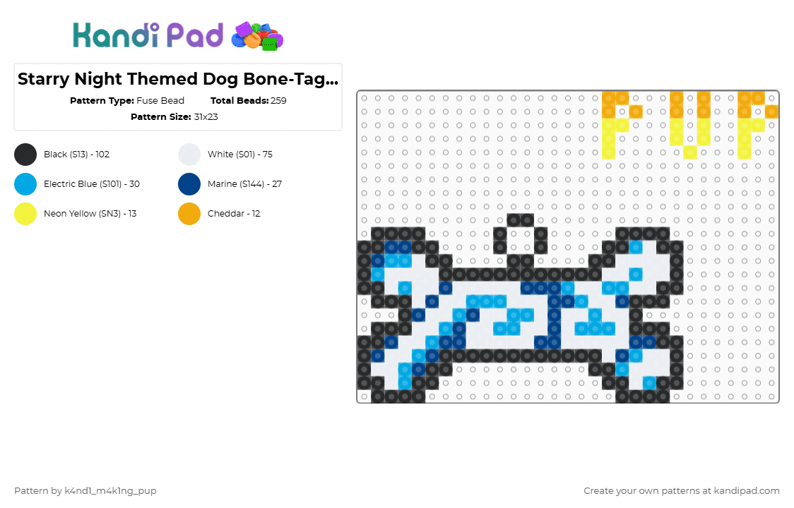 Starry Night Themed Dog Bone-Tag (#1) - Fuse Bead Pattern by k4nd1_m4k1ng_pup on Kandi Pad - white,light blue,blue