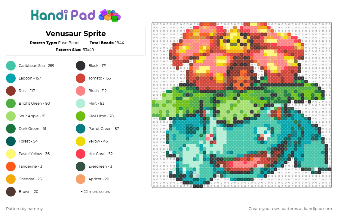 Venusaur Sprite - Fuse Bead Pattern by hammy on Kandi Pad - red,green,teal,pokemon,sprite,cute,perler,nintendo