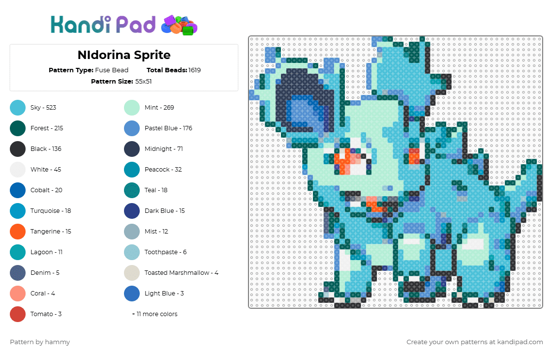 NIdorina Sprite - Fuse Bead Pattern by hammy on Kandi Pad - nidorina,video game,gaming,pokemon,light blue,gray,sprite,cute,nintendo,pixel,perler