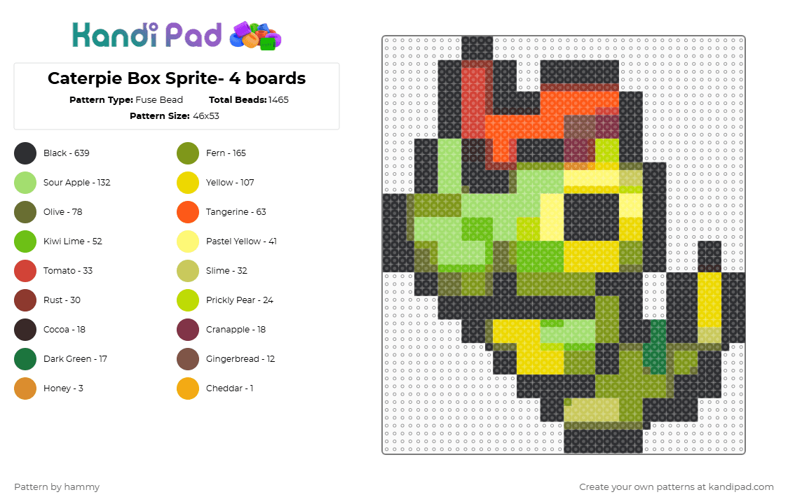 Caterpie Box Sprite- 4 boards - Fuse Bead Pattern by hammy on Kandi Pad - black,green,gold,yellow,pokemon,sprite,cute,nintendo,pixel,perler