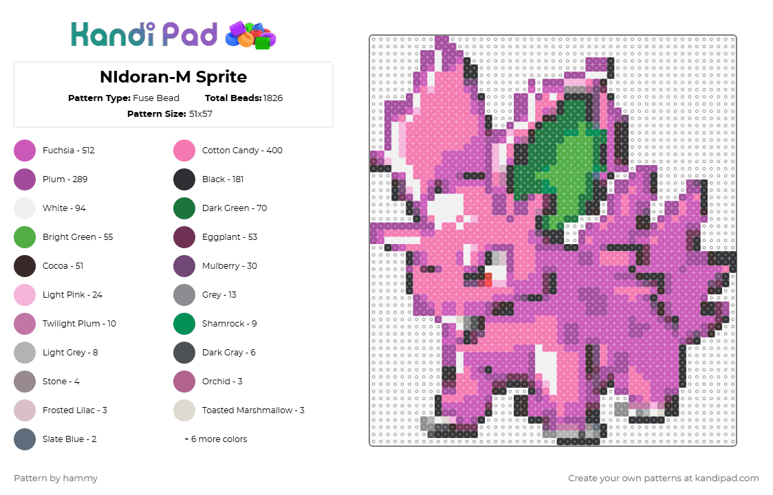 NIdoran-M Sprite - Fuse Bead Pattern by hammy on Kandi Pad - pink,pokemon,sprite,cute,nintendo,pixel,perler