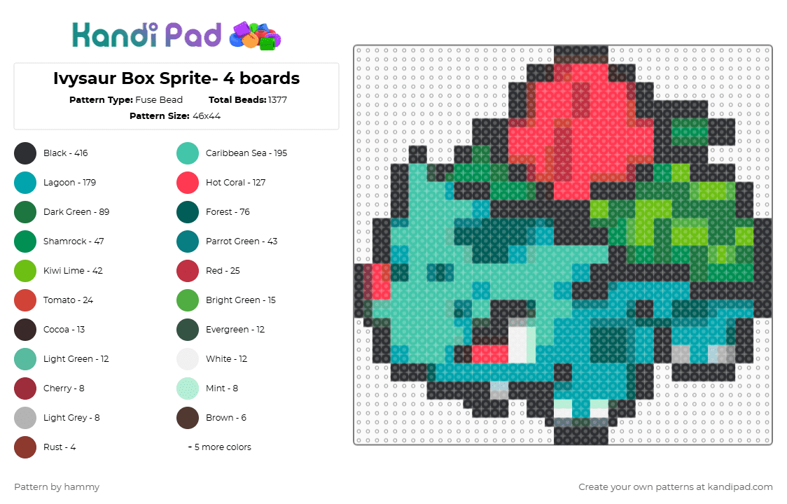 Ivysaur Box Sprite- 4 boards - Fuse Bead Pattern by hammy on Kandi Pad - red,green,teal,pokemon,sprite,cute,nintendo,pixel,perler